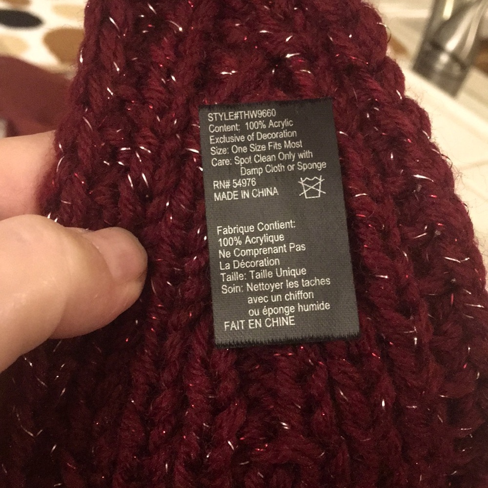 Burgundy Metallic Knit Wide Headband/Hat with Feather & Beaded Accent - Picture 7 of 10
